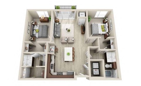 Floor plan for 2 beds, 2 baths, 987 sqft